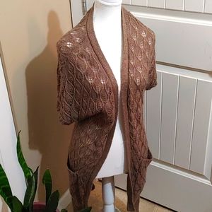 H&M brown knit lace pattern open front cardigan short sleeves belt XS
